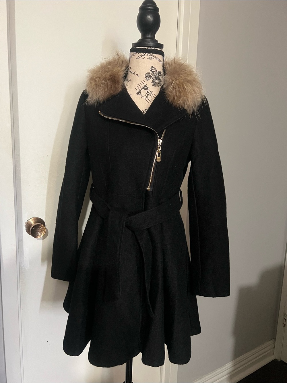 Black Wool-Blend Belted Coat with Fur Trim